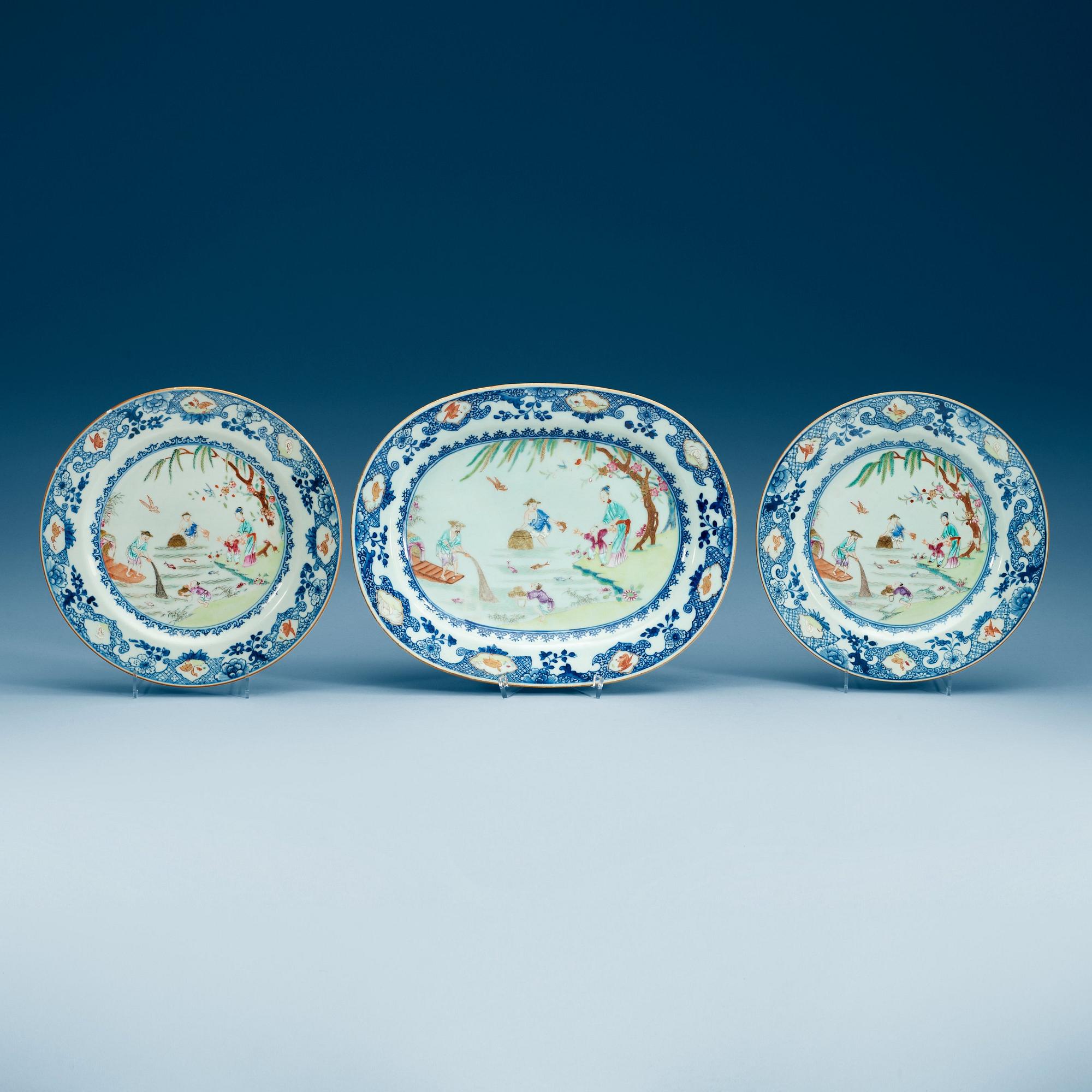 FAT samt TALLRIKAR, ett par, kompaniporslin. Qing dynastin, Qianlong (1736-95).