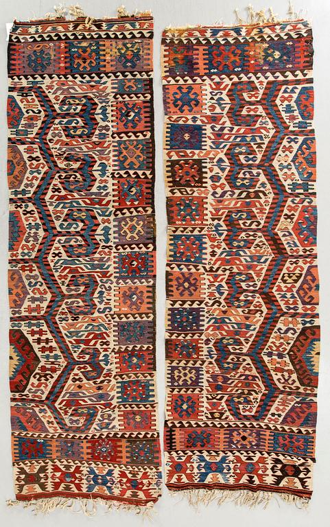 A pair of antique Karman Anatolia Kilims ca 277 x 87 and 261 x 84 cm.