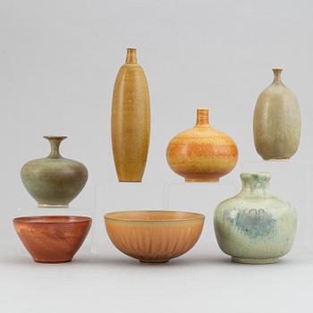 A set five stoneware vases and two bowls, including Tomas Anagrius and Atte Holm, Höganäs.