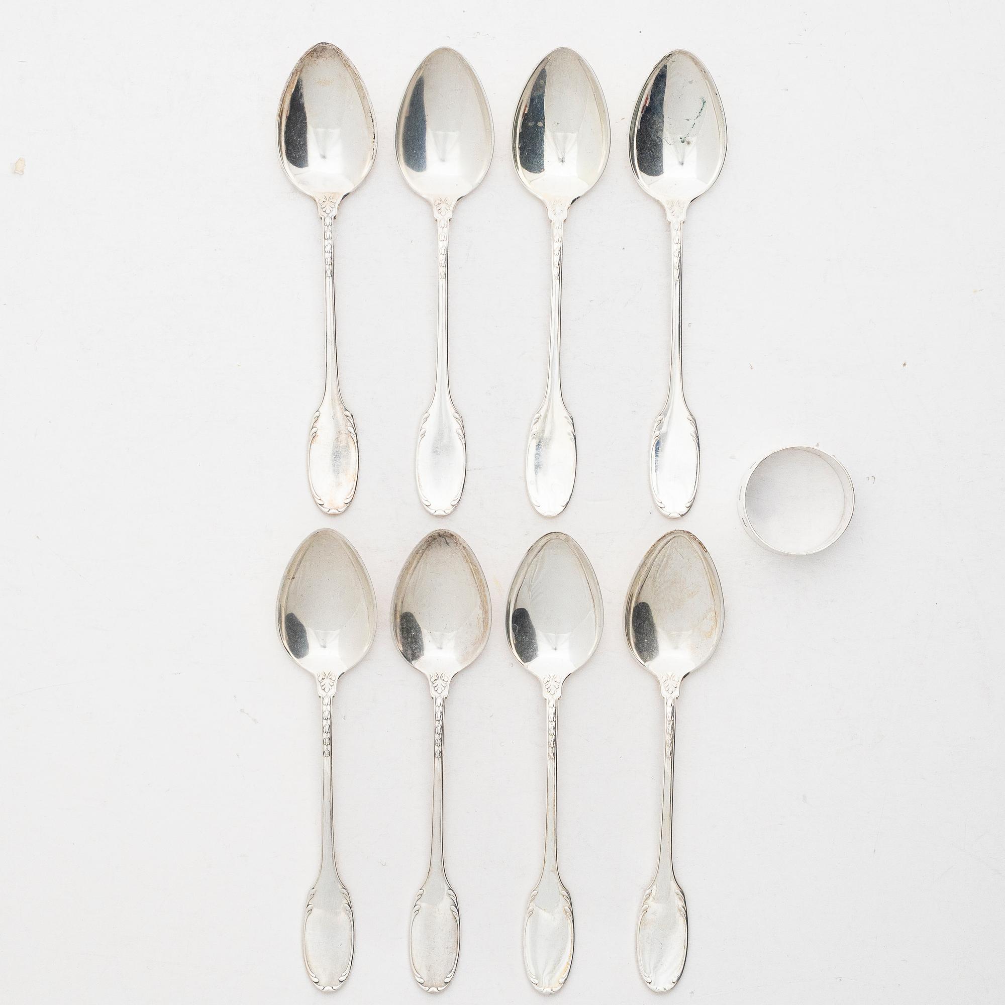 Table spoons, 8 pcs, and a napkin ring, silver, including WA Bolin, Stockholm.