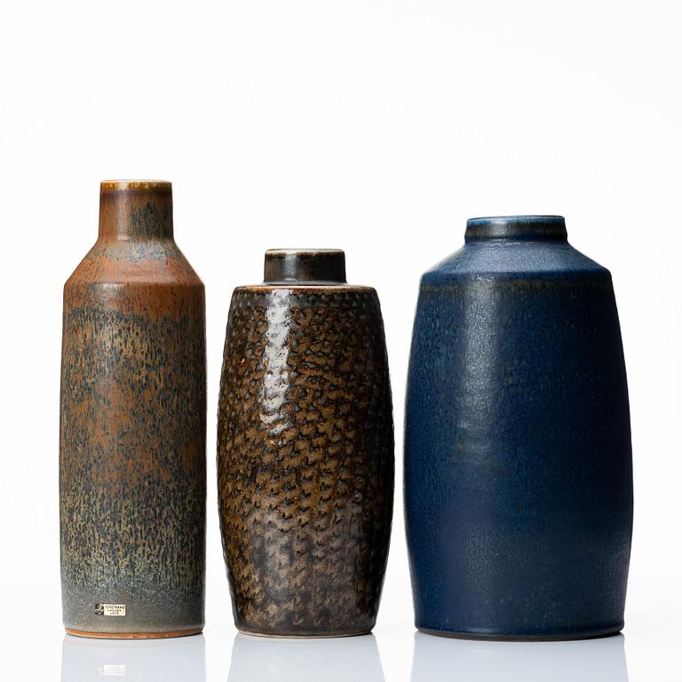 Carl-Harry Stålhane, a set of three unique stoneware vases, Rörstrand, Sweden 1960 and 1964.