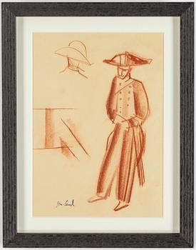 JOHN JON-AND, 2 works, ink and red crayon on paper, one signed, one signed with stamp.