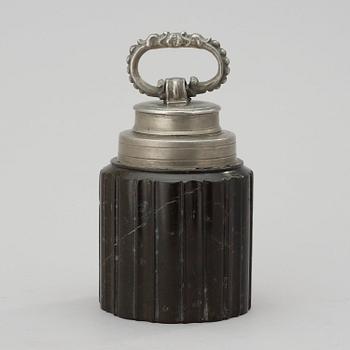 A Baroque 17th century serpentine stone and pewter jar with cover.