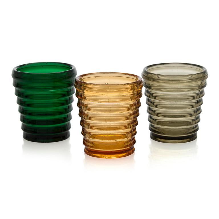 Aino Aalto, set of three  1930s 'Bölgeblick' 4052 drinking glasses for Karhula Glassworks, Finland.