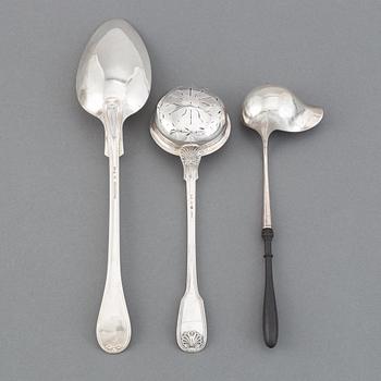 A silver serving spoon, sprinkle spoon and sauce spoon, Sweden, 19th century.