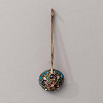A SILVER AND ENAMEL SPOON AND SALTCELLAR, Moscow 1899-1908, Vasilii Kubarev, the spoon St:Petersburg ca 1900,