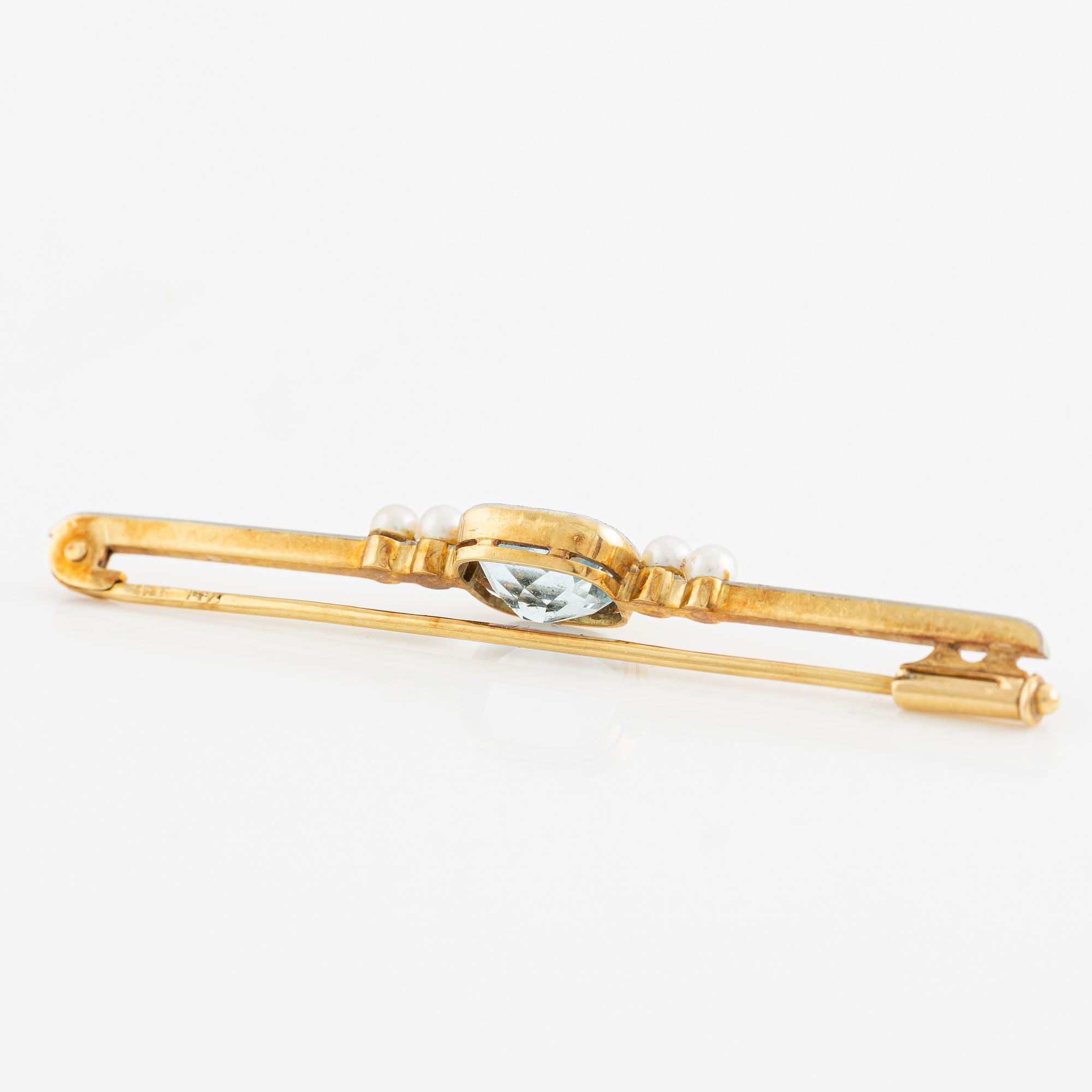 Brooch pin 18K gold with cushion-cut aquamarine and seed pearls.