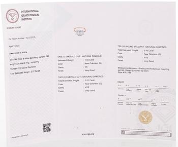 Ring, three baguette cut diamonds, small brilliant cut diamonds, 18K white gold and rose gold.