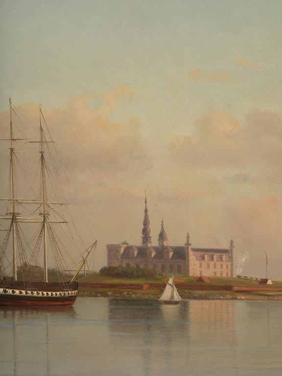 Ehrnfried Wahlqvist Warship at anchor in calm waters by Kronborg Castle.