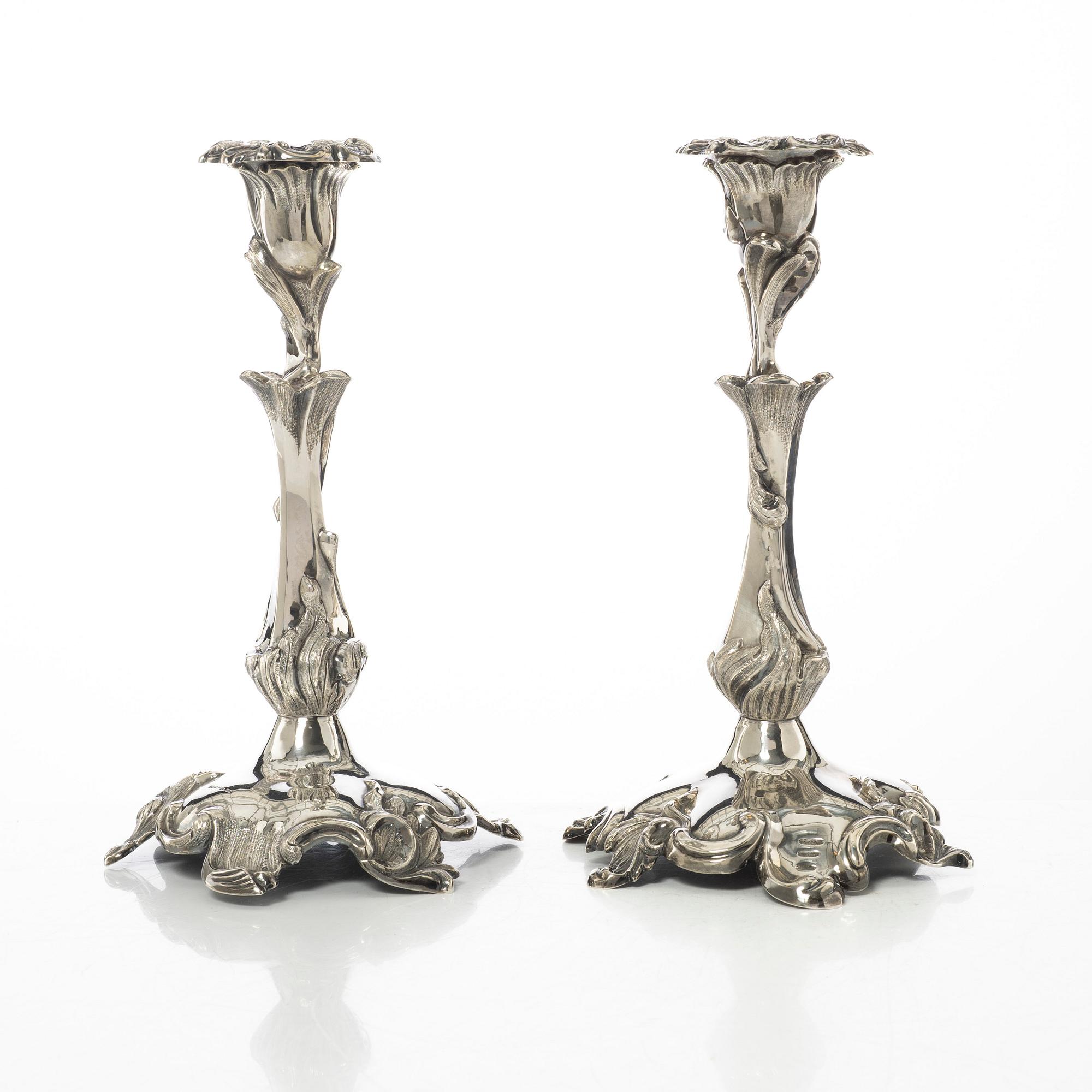 Gustaf Möllenborg, a pair of neo-rococo silver candle sticks, Stockholm, Sweden, 1855.