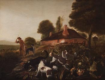 Adriaen Cornelisz. Beeldemaker Attributed to, Dogs by the Kitchen Garden.