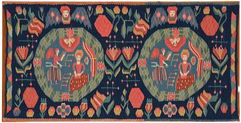 344. A carriage cushion, "Bebådelsen", tapestry weave, c. 104 x 52 cm, Scania, Southern Sweden, 1800-1830.