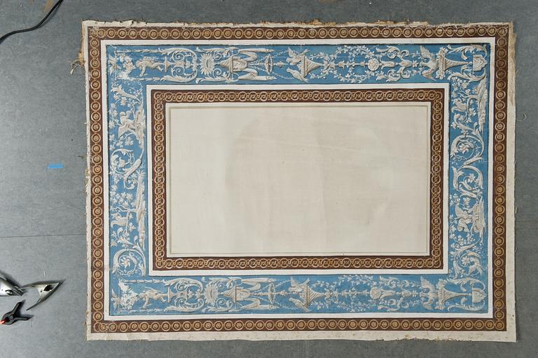 Fourteen pieces of late Gustavian wall covers of painted canvas.