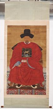 A large Chinese ancestor portrait by anonymous artist, Qing dynasty, 19th century.