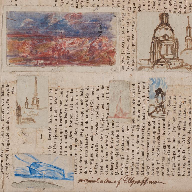 Carl Samuel Graffman, 11 teckningar med varierande motiv uppklistrade på ett tryckt textblad.