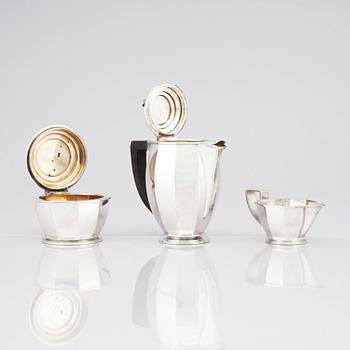 Atelier Borgila, kaffeservis, tre delar, Stockholm, 1947, gesällprov av K-E Löfman, sterling silver.
