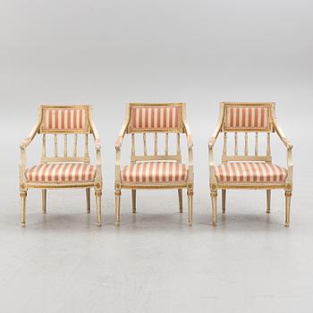 Three Swedish Gustavian Armchairs, late 18th Century.