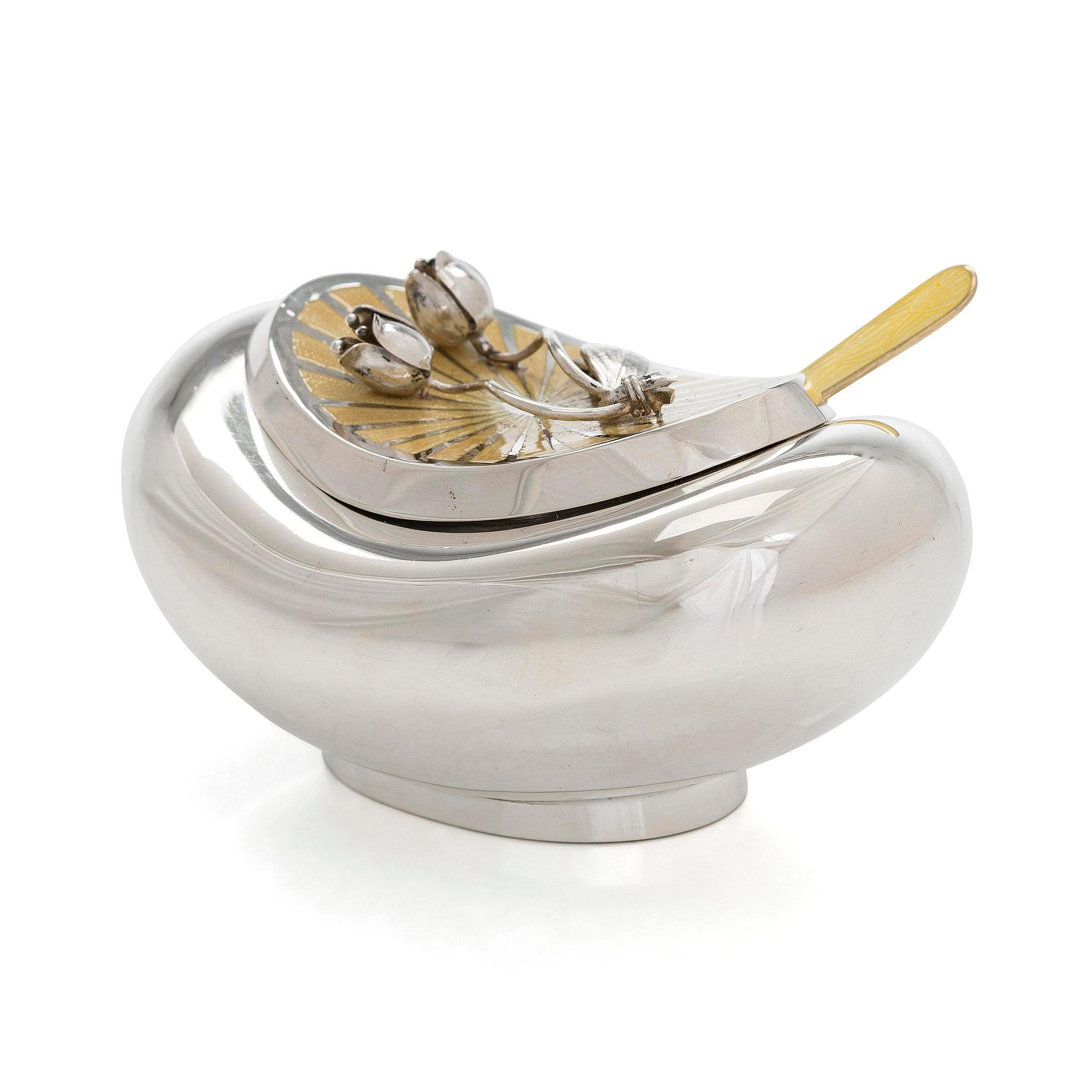 Sugar bowl and spoon, silver and enamel, the bowl by Anita Sarlin. Tillander, Helsinki, 1950.