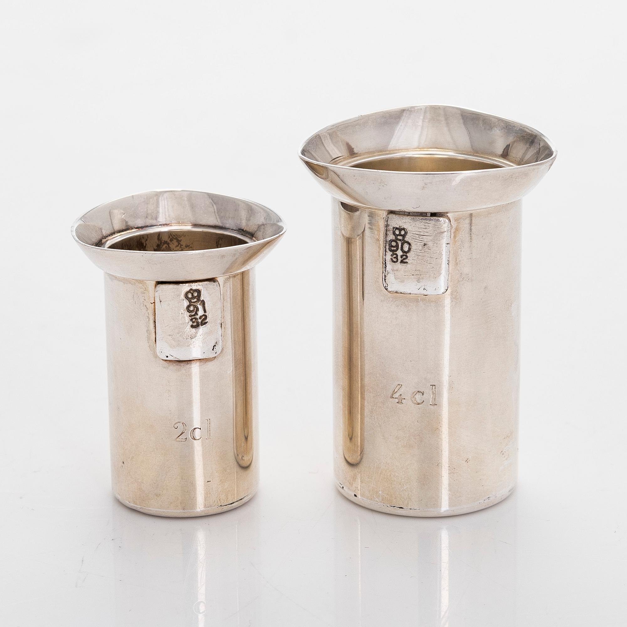 Sockerspade, cocktailmått och cocktailpinnar, 6 st, silver, bl a Pekka Piekäinen och Kultakeskus 1989-99.