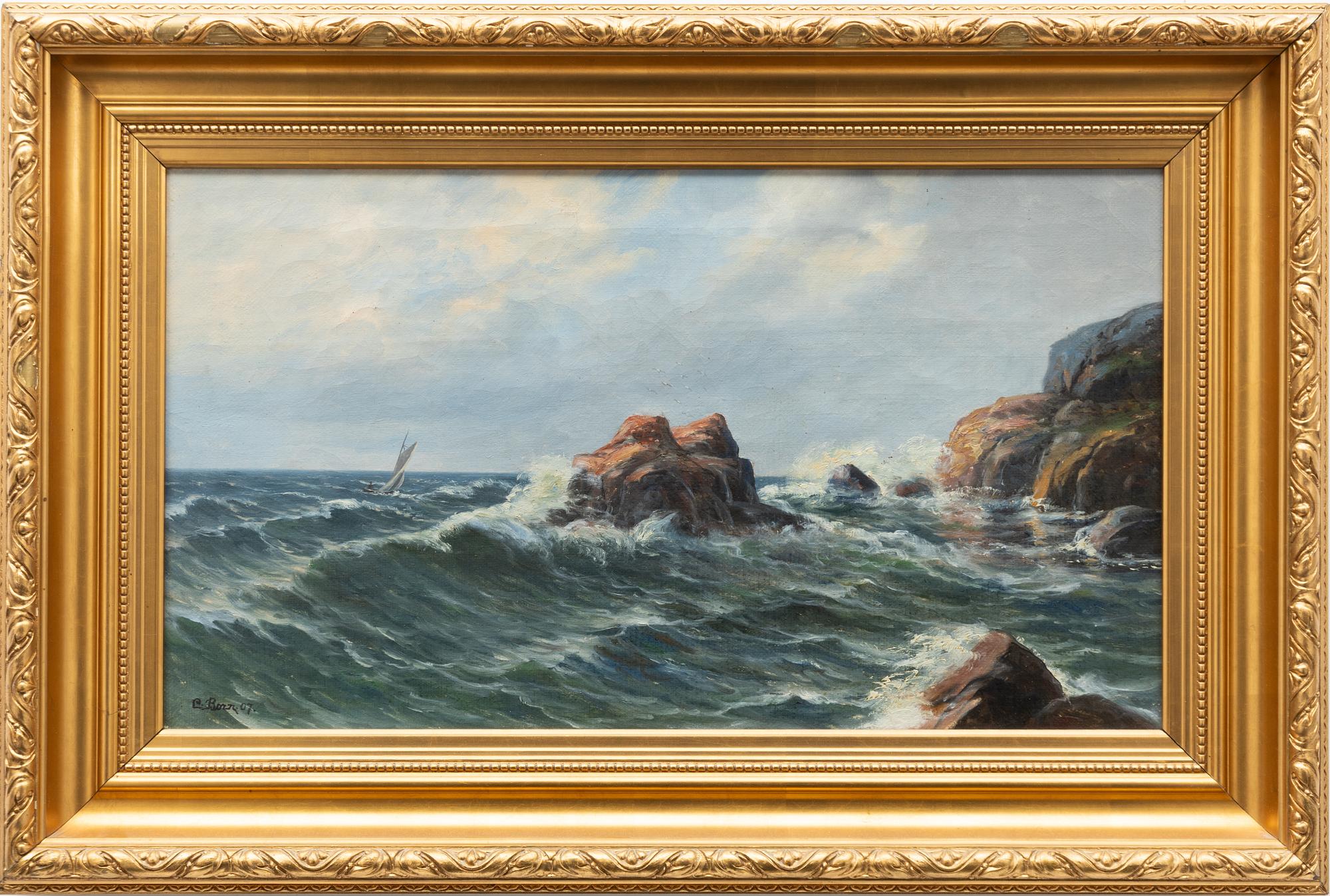 Unknown artist, 20th century, Sailing boat by the coast.
