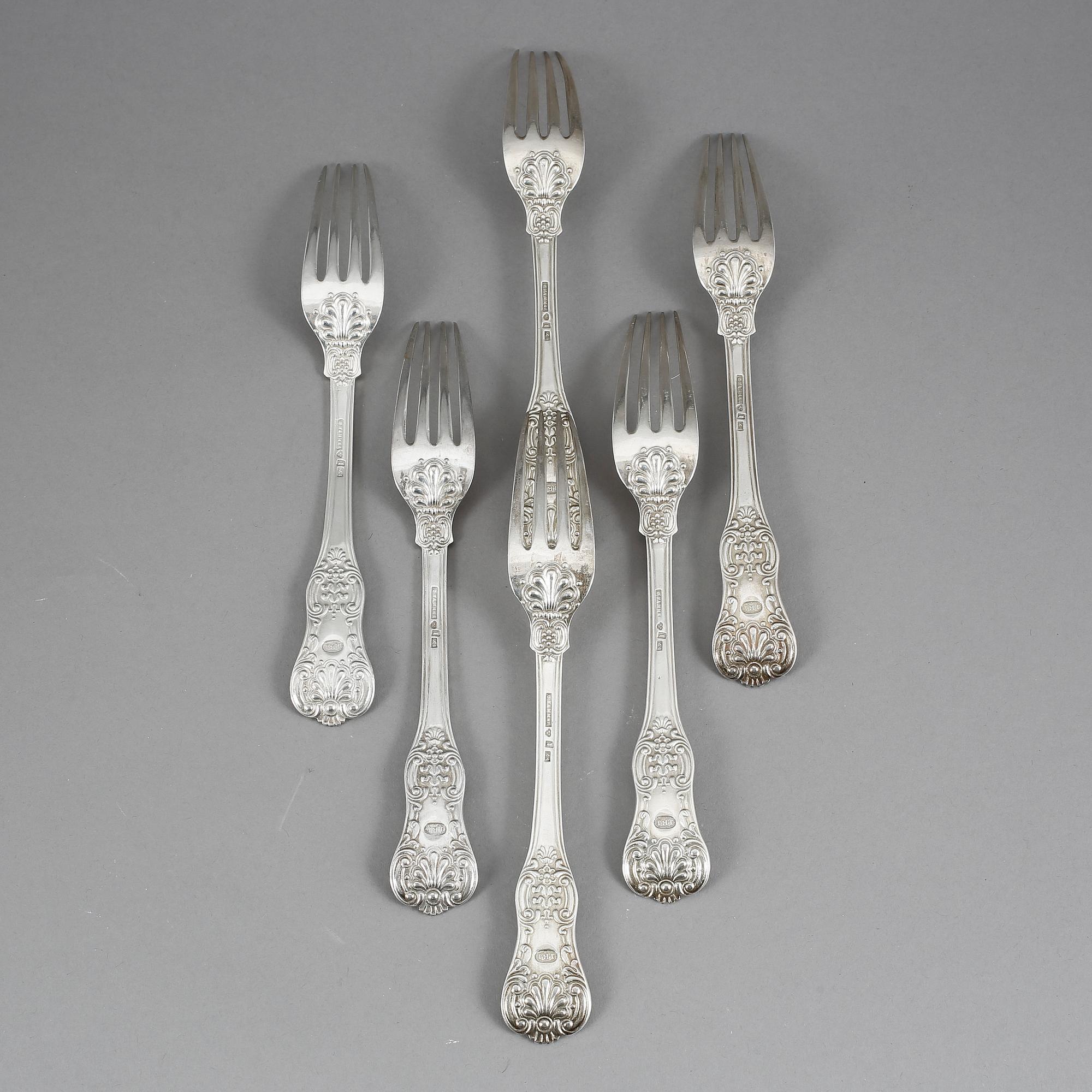 MATGAFFLAR, 6 st, silver, Christian Hammer, Stockholm. 1854. Vikt 450 g.