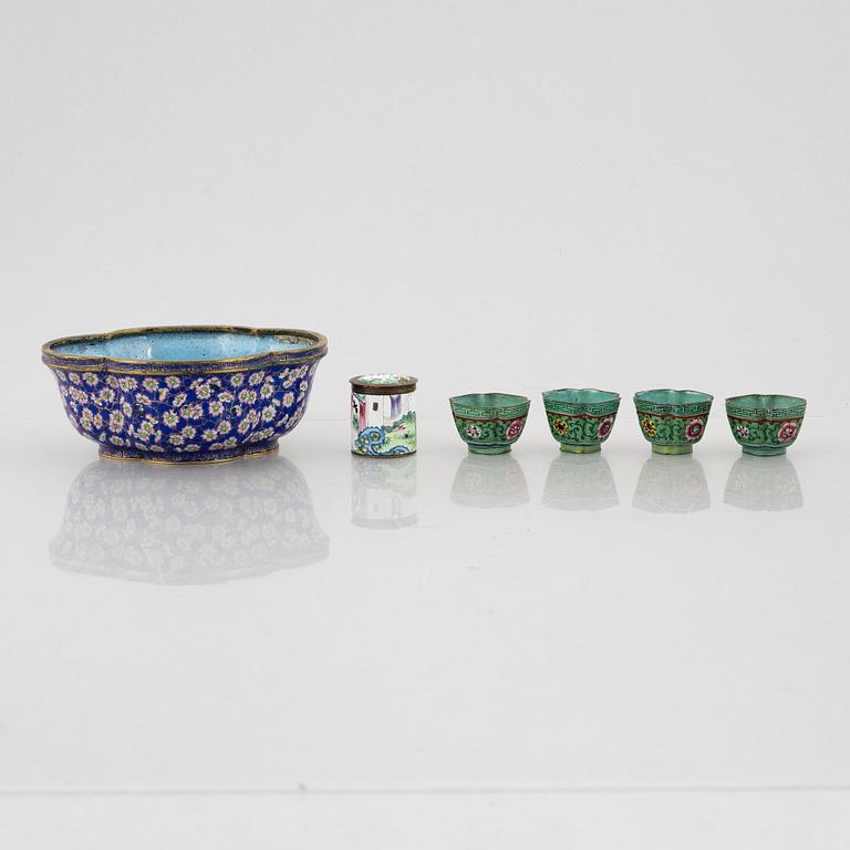 A group of Chinese enamels, including a flower pot, a box and four cups, Qing dynasty, 18th and 19th century.
