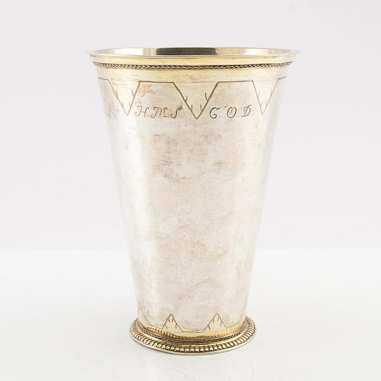 A Swedish early 18th century parcel-gilt silver beaker, mark of Casimir Friedrich Meidt, Karlskrona 1712.