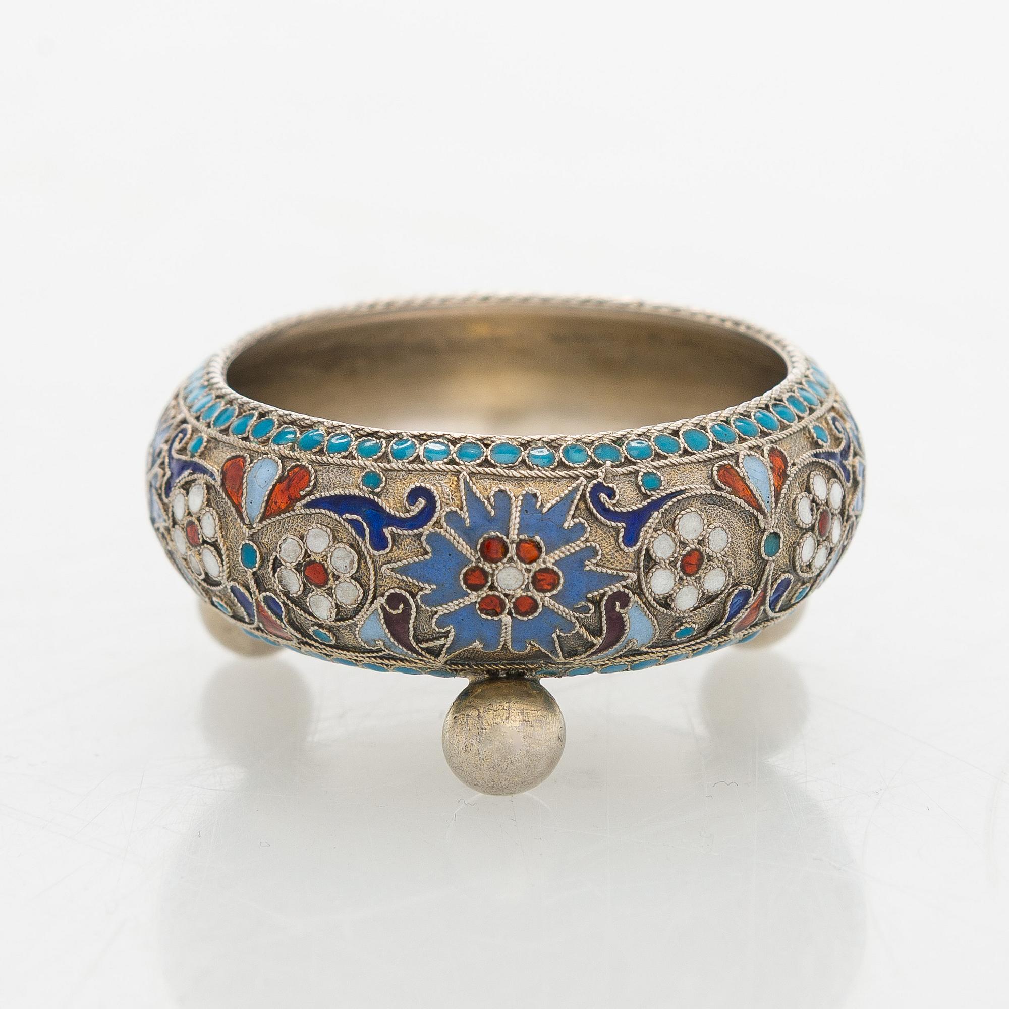 A silver parcel-gilt, cloisonné enamel salt cellar, 1890s.