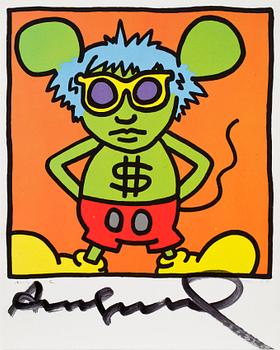 ANDY WARHOL och KEITH HARING, utställningskort, "Andy Mouse I", Hommage to Warhol, signerat av Andy Warhol.