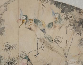 Solfjädersmålningar, tre stycken, Kina, 1900-tal.