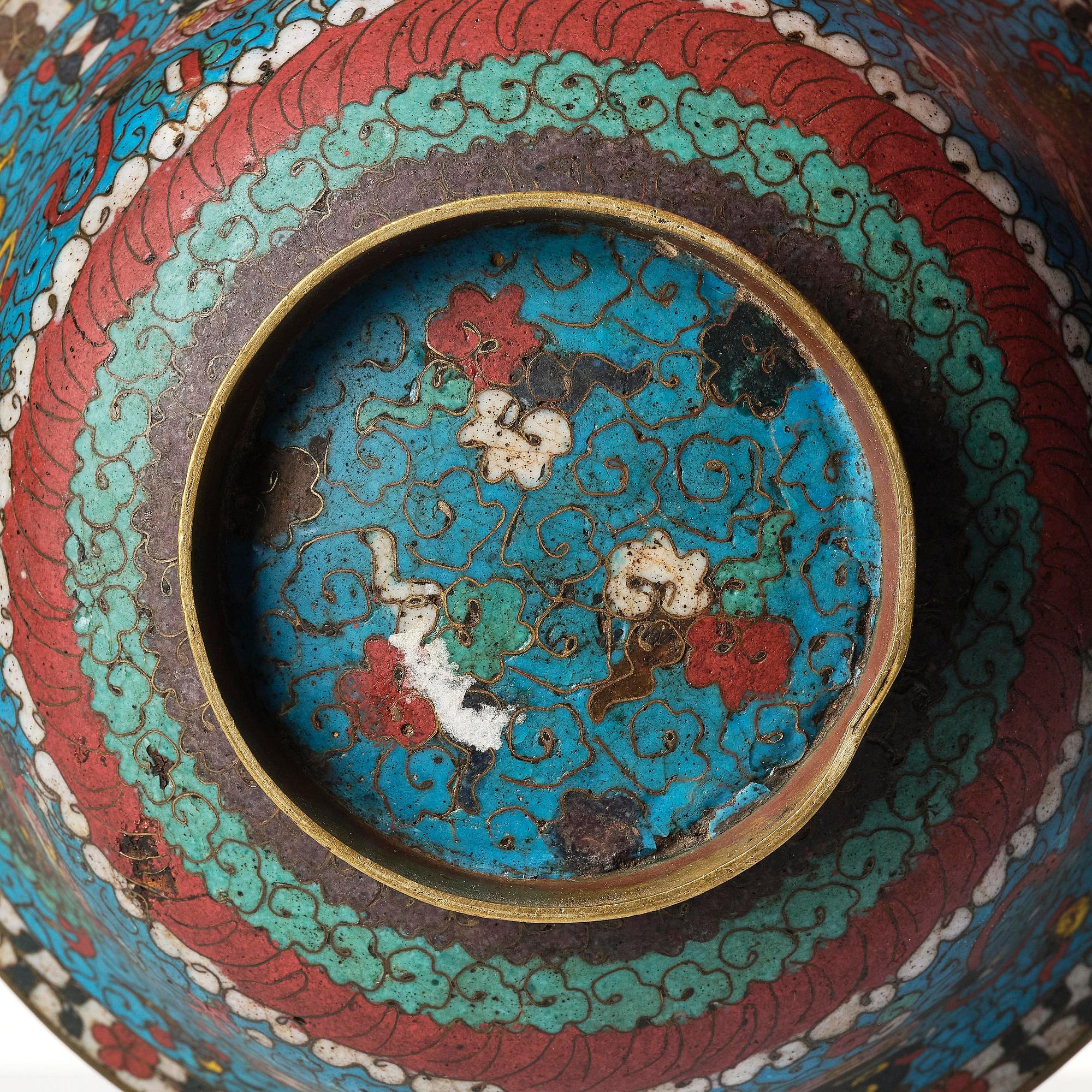 A cloisonne 'mythical beast' bowl, Ming dynasty (1368-1644).