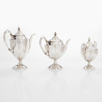 Kaffe- och teservis, 5 delar, silver, på försilvrad bricka, USA, sannolikt 1930-tal.