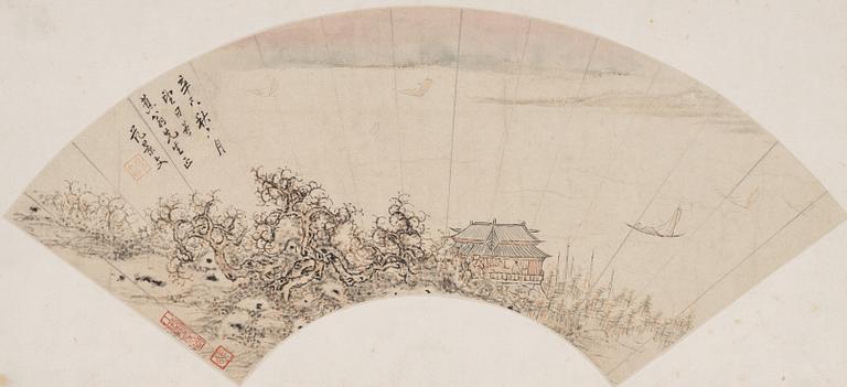 Oidentifierad konstnär, s.k. "Solfjädersmålning", Paviljong i kustlandskap, Kina, 1900-tal.