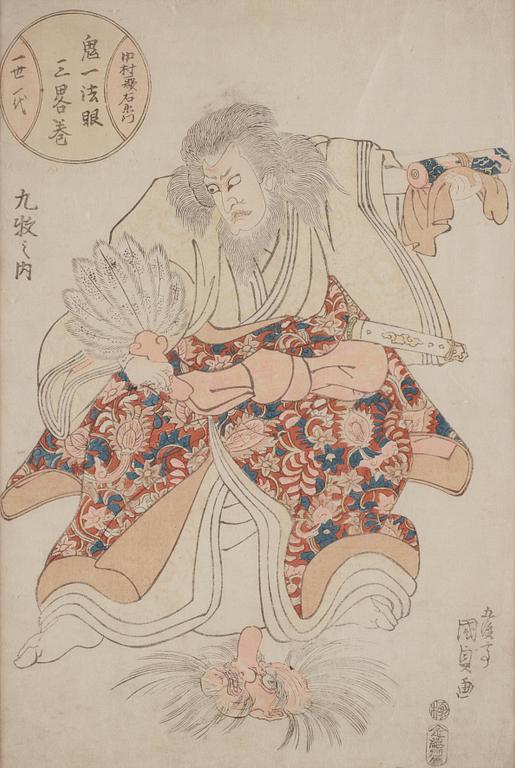 Utagawa Kunisada, two woodblock prints, Japan, before 1842, an a woodblock print by unknown artist, Japan, 1862.