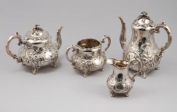 KAFFE- / TESERVIS, 4 delar, silver, möjligen James Aldridge, London, England, 1854, total vikt ca 2295 gram.