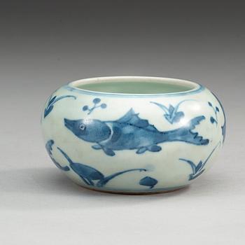 A blue and white brush washer, Qing dynasty, with Chenghua six character mark.