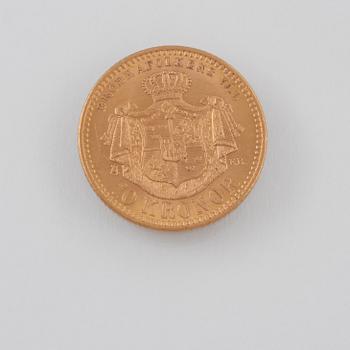 GULDMYNT, 10 kr, Oscar II, 1901. Vikt 4,5 g.