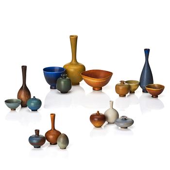 95. Berndt Friberg, a set of 17 stoneware miniature vases and bowls, Gustavsberg studio, Sweden 1950-60s.