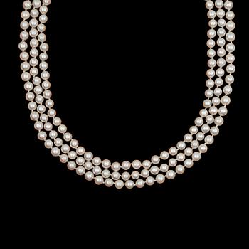 A 3-strand cultured pearl necklace.