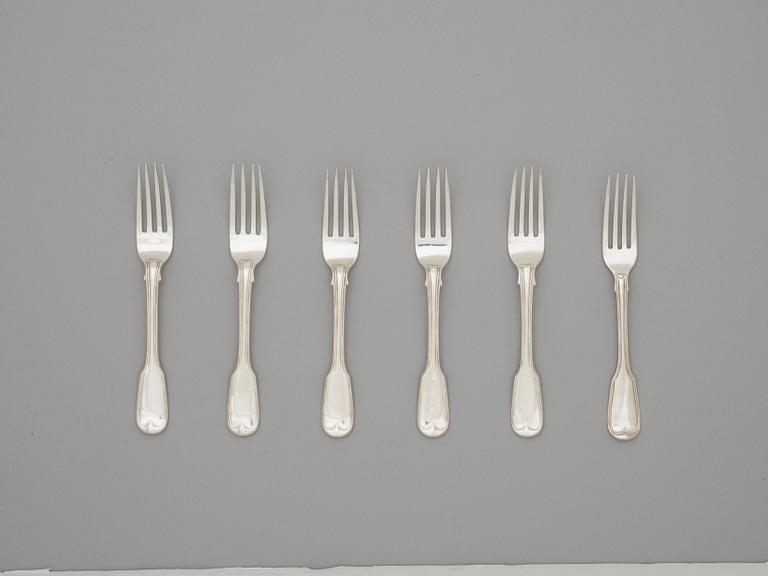 A 19th century silver set of 6+6 dessert forks, five marked Dublin 1849 and knifes, marks of Moses Brent, London 1814.