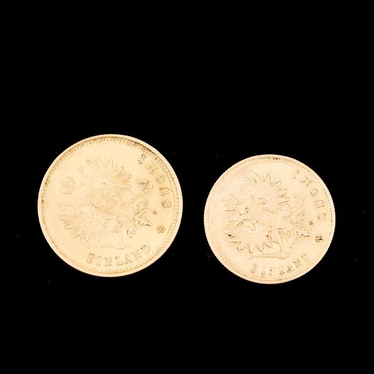 GULDMYNT, 2 st, 20 resp 10 Mark, Finland 1879 resp 1882. Tot ca 9 gram.