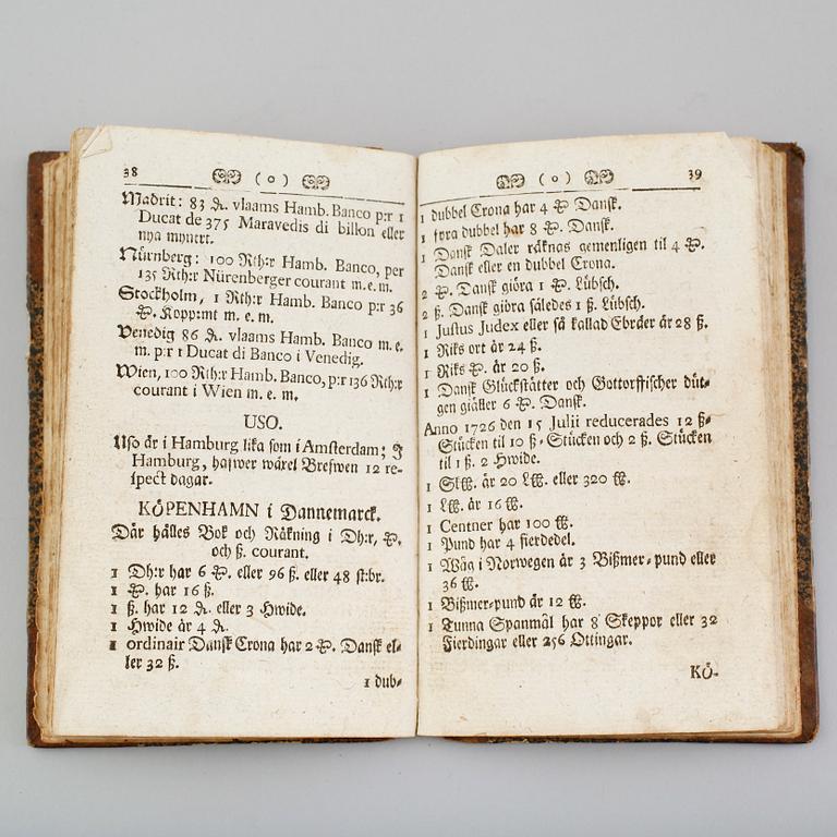 BOK: DIURMAN, P. Mynte-Sorter Och annat Handelen angående, Uti De förnämste Städer i Europa. Stockholm 1749.