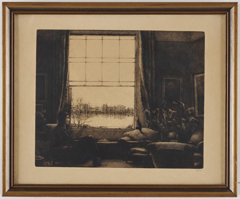 AXEL FRIDELL, drypoint, signed Axel Fridell in pencil. Executed in London 1926-27. "The Window".