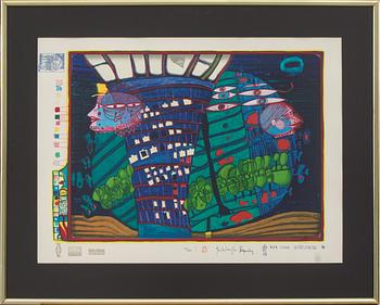 FRIEDENSREICH HUNDERTWASSER, färgserigrafi med metallprägling, signerad och numrerad 41/300 samt 404/3000.