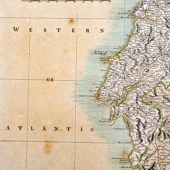 John Cary, map of Portugal, hand colored copper engraving, London 1801.