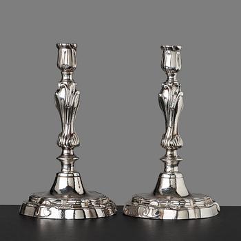 110. A pair of Rococo candlesticks by Stephen (Friedrich) T. Lemair, privilge in Stockholm 1762, Rococo, 1763.