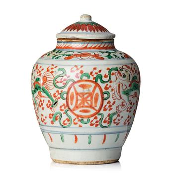882. A wucai decorated jar with cover, Transition, 17th century.