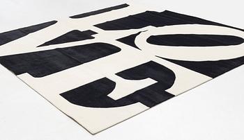 Robert Indiana, a carpet "White on Black", Chosen Love, hand-tufted in 1995, approximately 300 x 300 cm. Numbered 104/125.