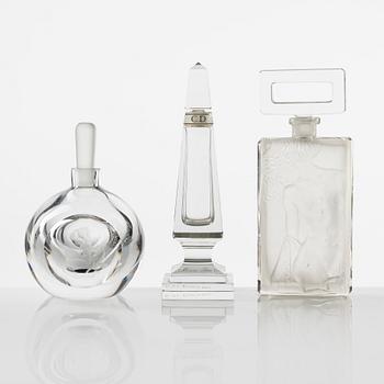 Three glass flacons, including one Vicke Lindstrand, Orrefors.