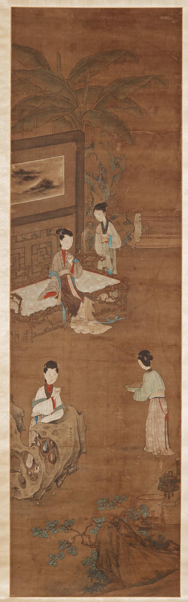 RULLMÅLNING, trädgårdscen med damer och tjänarinnor, i Qiu Yings (c 1494-1551) stil, Qingdynastin, 1800-tal.